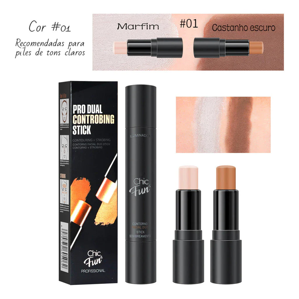 Bastão Contorno e Iluminador 2 em 1 Chic & Fun | Maquiagem Profissional – Beleza Dela