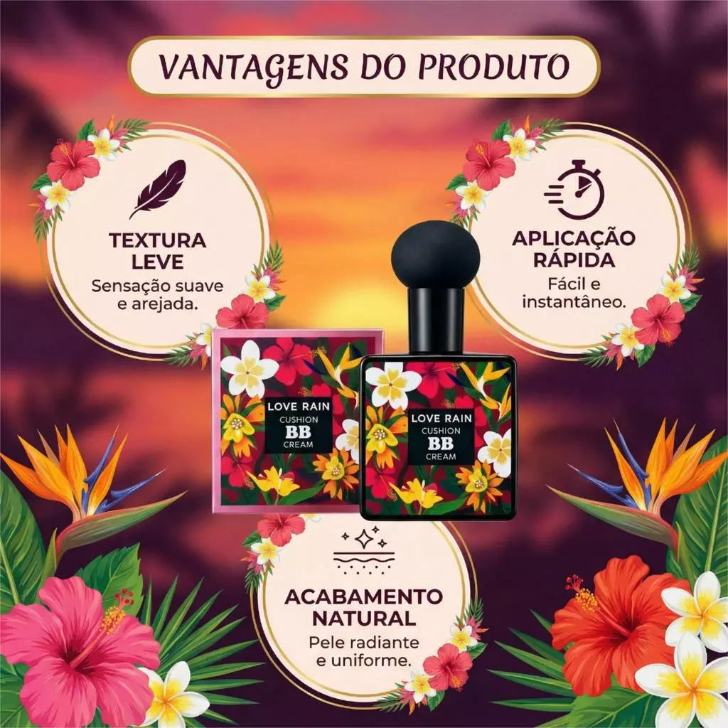 BB Cream Lovè Rain com Esponja Cogumelo | Base Natural e Alta Cobertura – Beleza Dela