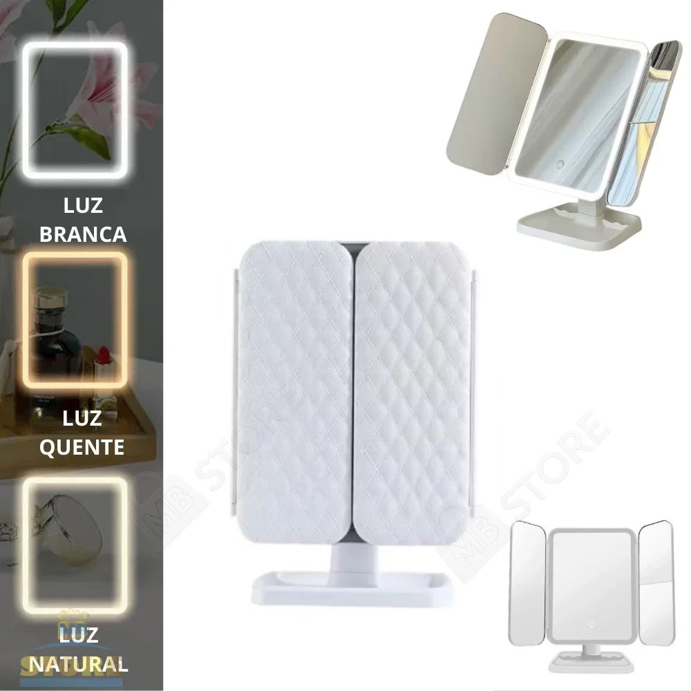Espelho de Maquiagem Camarim LED Triplo com Zoom e Touch – Beleza Dela