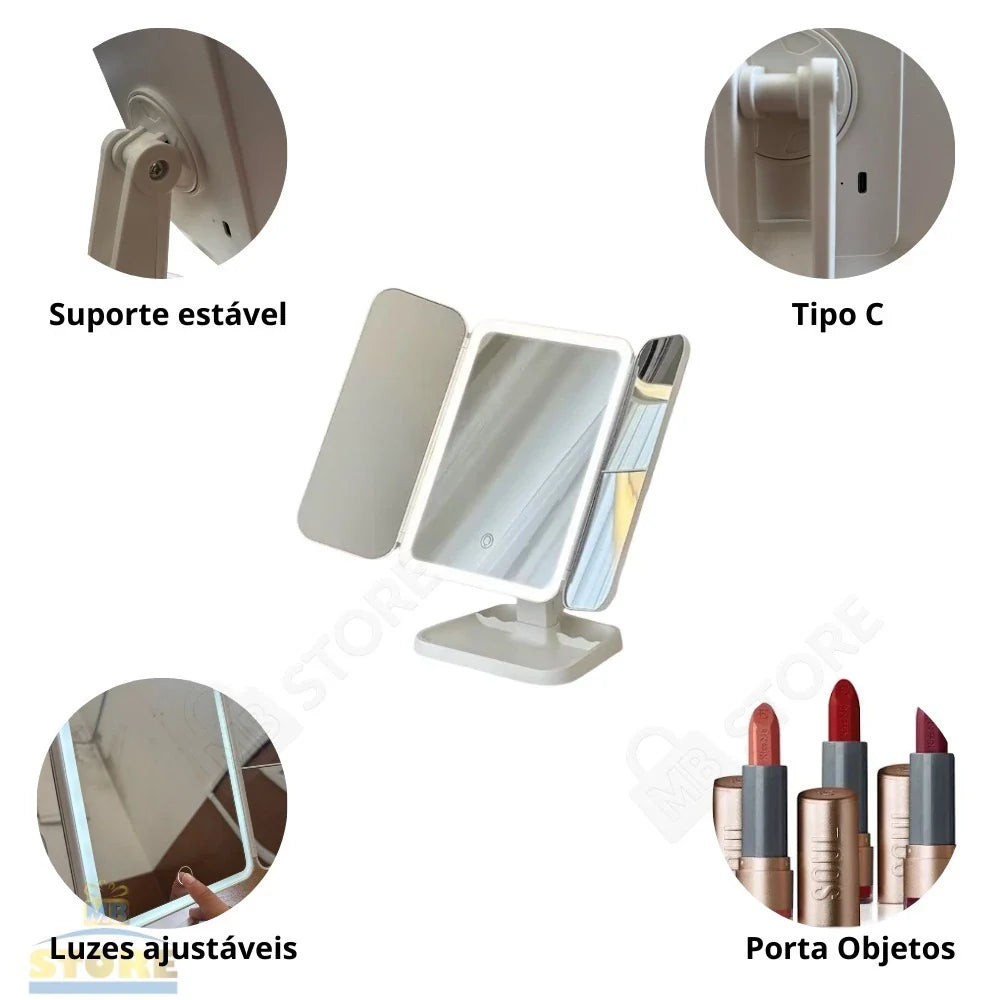 Espelho de Maquiagem Camarim LED Triplo com Zoom e Touch – Beleza Dela