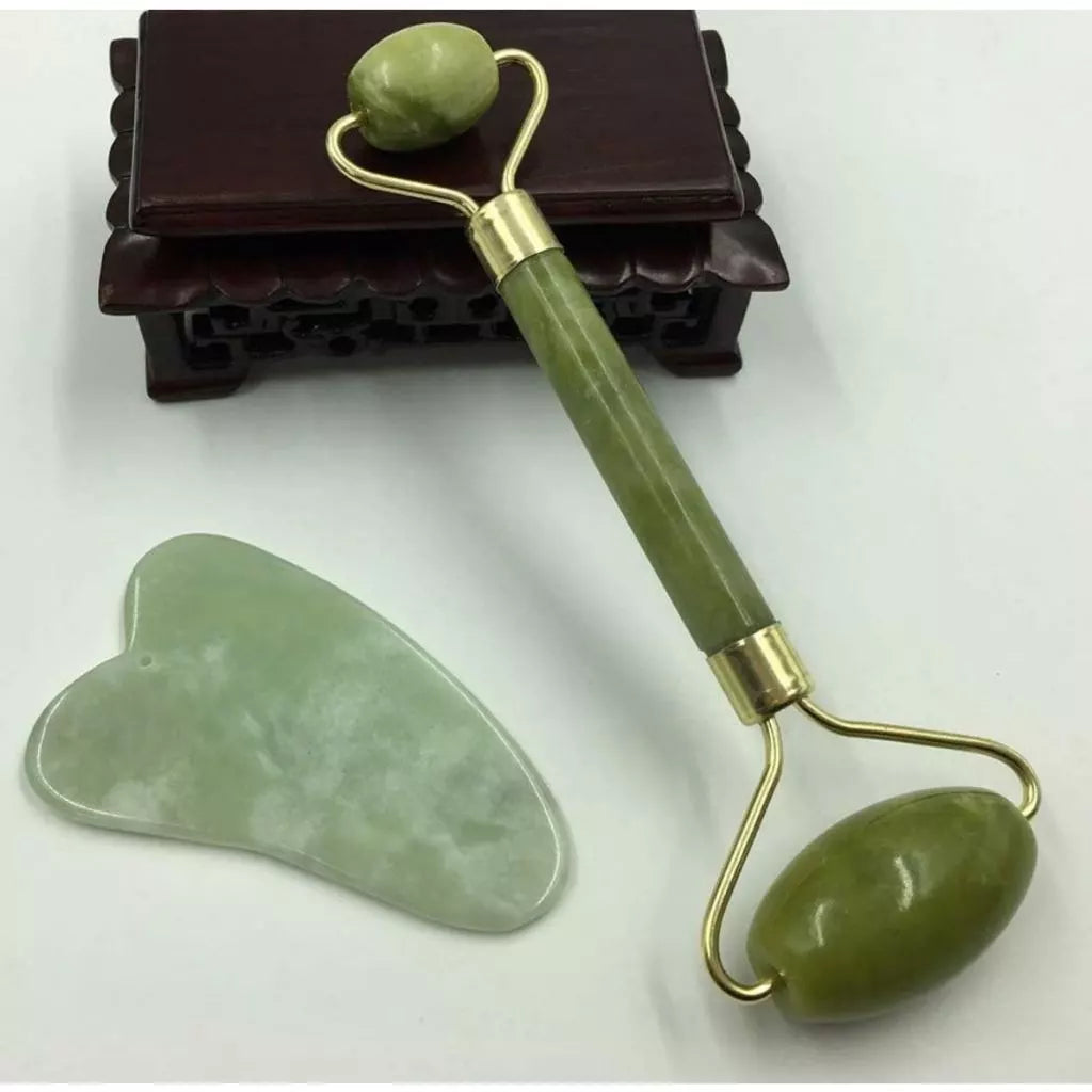 Kit Rolo de Jade + Gua Sha Facial | Massagem Antirrugas e Revitalização da Pele – Beleza Dela