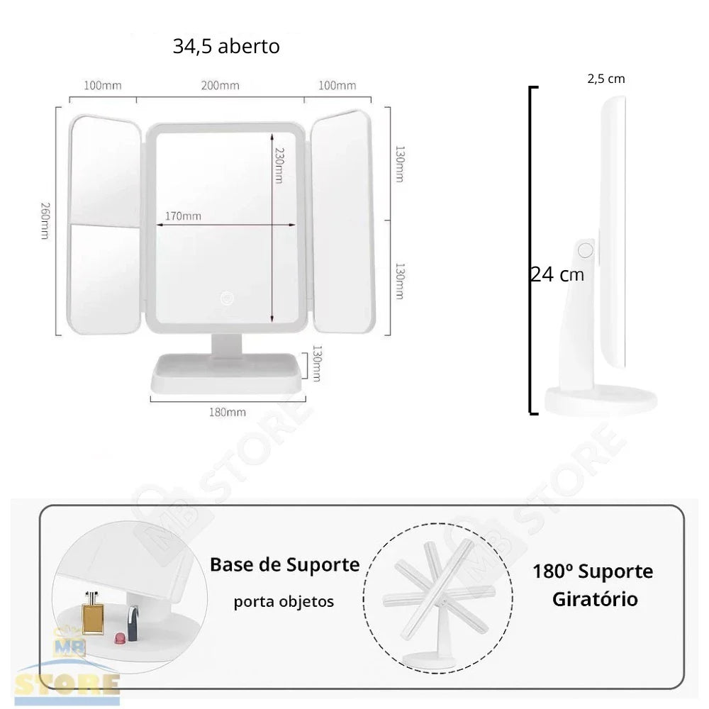 Espelho de Maquiagem Camarim LED Triplo com Zoom e Touch – Beleza Dela