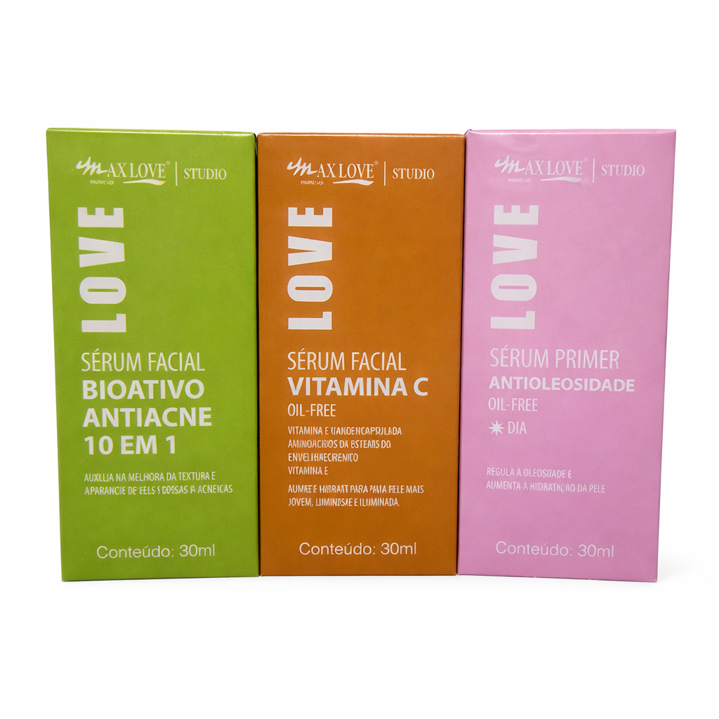Kit Sérum Facial Max Love 30ml – Vitamina C, Antiacne, Clareador e Controle de Oleosidade | Beleza Dela