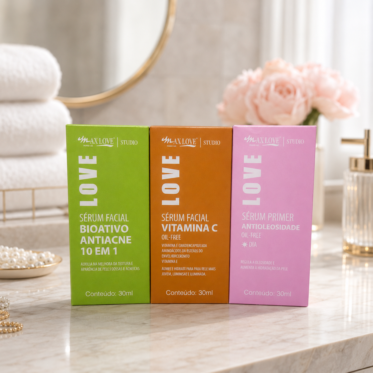 Kit Sérum Facial Max Love 30ml – Vitamina C, Antiacne, Clareador e Controle de Oleosidade | Beleza Dela
