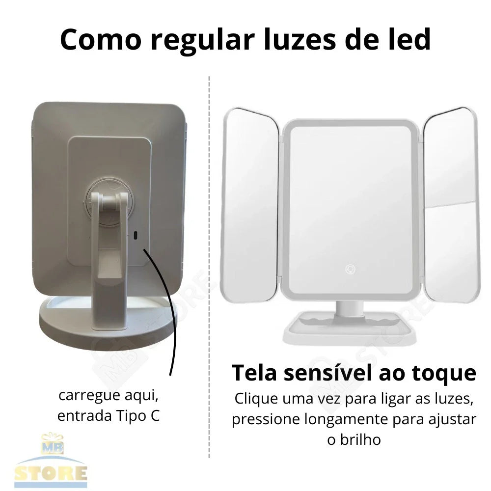 Espelho de Maquiagem Camarim LED Triplo com Zoom e Touch – Beleza Dela