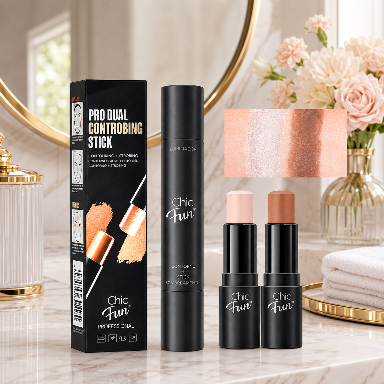 Bastão Contorno e Iluminador 2 em 1 Chic & Fun | Maquiagem Profissional – Beleza Dela